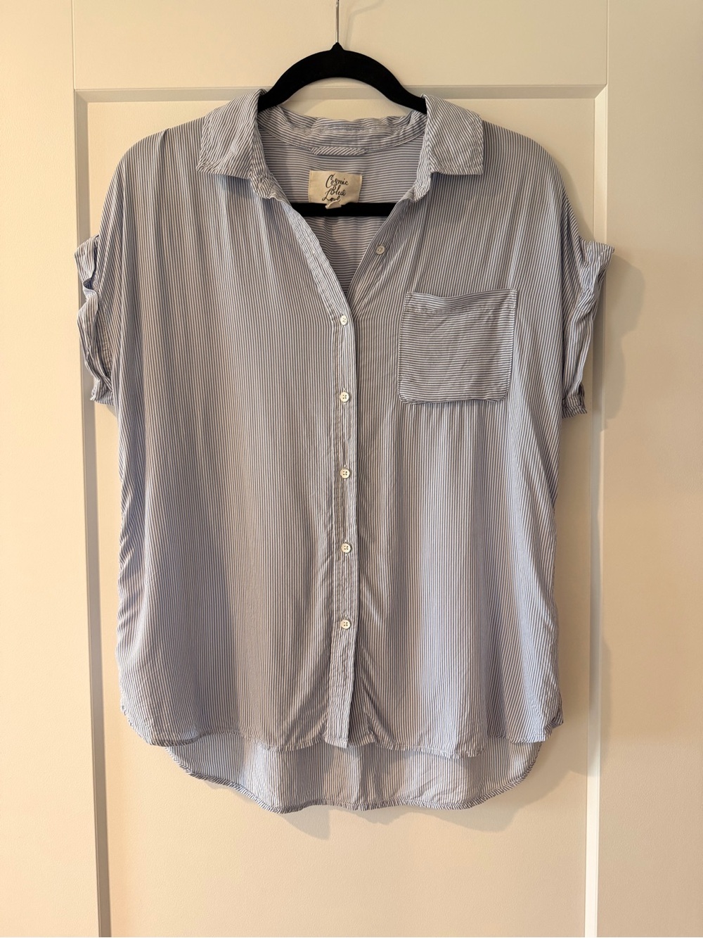 Pinstriped collared short sleeve shirt